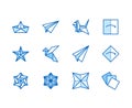 Origami flat line icons set. Paper cranes, bird, boat, plane vector illustrations. Thin signs for japanese creative