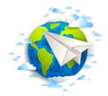 Origami folded toy plane flying around the cartoon paper cut earth with beautiful clouds, vector modern style 3d illustration Royalty Free Stock Photo