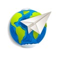 Origami folded toy plane flying around the cartoon paper cut earth, vector modern style 3d illustration isolated on white Royalty Free Stock Photo