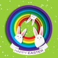 Origami Green Greeting card with Happy Easter - with White Easter rabbit with rainbow and ribbon.