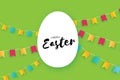 Origami Happy Easter. Colorful Paper cut Easter Egg, Flags. Oval frame. Green background