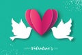 Origami Happy Valentine`s day greeting card. Flying Love Birds in paper cut style. A couple of doves in loving. Romantic Royalty Free Stock Photo