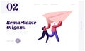 Origami Hobby or New Business Start Up Launching Website Landing Page. Happy Couple Running with Paper Airplane Royalty Free Stock Photo