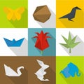 Origami icons set, cartoon style