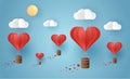 Origami made hot air balloon flying on the sky with heart float on the sky, illustration of love and valentine day, vector paper a Royalty Free Stock Photo