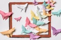 Origami. Many colored butterflies on white page.