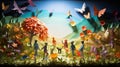 Origami Meadow Delight: Children and Rainbow in a Paper Wonderland