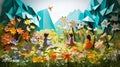 Origami Meadow Delight: Children and Rainbow in a Paper Wonderland