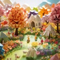 Origami Meadow Delight: Children and Rainbow in a Paper Wonderland