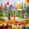 Origami Meadow Delight: Children and Rainbow in a Paper Wonderland