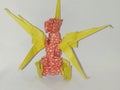 origami monster created by children, from the front corner