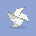 Origami object. White folded paper pinwheel on violet background
