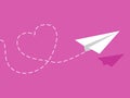 Origami paper airplane. Heart in the sky. Love card. Vector illustration