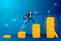 Business concept, Businessman jumping up on many coin, to the bigger target and reach the goal