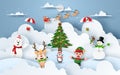 Origami Paper art of Christmas party at snow mountain with Santa Claus and Christmas character Royalty Free Stock Photo