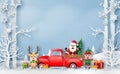 Christmas red truck with Santa Claus, Reindeer and Elf, Merry Christmas and Happy New Year Royalty Free Stock Photo