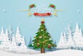 Origami paper art of Christmas tree with decoration in the forest with snowing Royalty Free Stock Photo