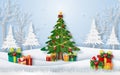 Origami paper art of Christmas tree in the forest with presents Royalty Free Stock Photo
