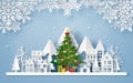 Origami paper art of Christmas tree in the village with the mountain