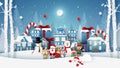 Origami Paper art Landscape of Christmas party with Santa Claus and cute character in snow town Royalty Free Stock Photo