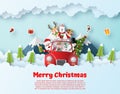 Origami paper art postcard of Santa Claus and friend driving Christmas red car on the sky Royalty Free Stock Photo