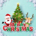 Paper art of Postcard Santa Claus and Reindeer with Christmas tree and text MERRY CHRISTMAS on blue background Royalty Free Stock Photo