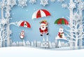 Santa Claus and Christmas characters make a parachute jump in the village, Merry Christmas and Happy New Year Royalty Free Stock Photo