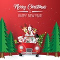 Origami Paper art of Santa Claus and friend in red car driving through the forest Royalty Free Stock Photo