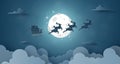 Origami Paper art of Santa Claus and reindeer flying on the sky with full moon Royalty Free Stock Photo
