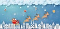 Santa Claus and reindeer flying on the sky with hanging gifts, Merry Christmas and Happy New Year Royalty Free Stock Photo