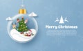 Origami paper art style, Banner Postcard of Christmas party with Santa Claus in Christmas ball Royalty Free Stock Photo