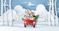 Origami paper art style, Christmas red car with Santa Claus and friend in the village Royalty Free Stock Photo