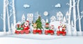 Origami paper art style, Christmas train with Santa Claus and friend in the village Royalty Free Stock Photo