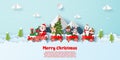 Origami paper art style, Postcard of Christmas party on the train with Santa Claus and Christmas character at the mountain