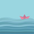 Origami paper boat and ocean sea waves. Flat design Love card Royalty Free Stock Photo