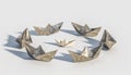 Origami paper boat surrounded by metal boats