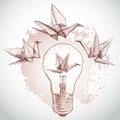 Origami paper cranes and light sketch. line on beige background. Grunge texture. Vector