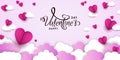 Origami paper pink hearts over clouds, beautiful concept of Valentines Day, flyer, poster - vector