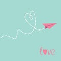 Origami paper plane. Dash heart in the sky. Love card.