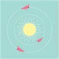 Origami paper plane and sun. Dash line circle. Flat design. Royalty Free Stock Photo