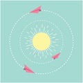 Origami paper plane and sun. Dash line circle. Flat design.