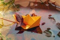 Origami paper boat and scenic fallen leaves in a water. Concept of bright fall Royalty Free Stock Photo