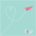 Origami pink paper plane. Dash heart in the blue sky. Love card.