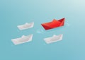 Origami red paper boat floating in front of white paper boats. Leadership concept. Royalty Free Stock Photo