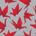Origami red paper cranes sketch seamless pattern. burgundy maroon line on Gray Nature oriental background with japanese wave