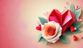 Origami rose and heart on orange-yellow background - Valentines Day concept Royalty Free Stock Photo