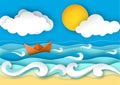 Origami sailing boat made from paper. Sea waves and tropical beach in paper art style. Travel concept vector illustration