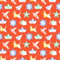 Origami seamless pattern with flat icons. Paper cranes, bird, boat, plane vector illustrations. Colored background red Royalty Free Stock Photo