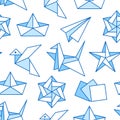 Origami seamless pattern with flat line icons. Paper cranes, bird, boat, plane vector illustrations. Colored background