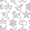 Origami seamless pattern with flat line icons. Paper cranes, bird, boat, plane vector illustrations. Monochrome Royalty Free Stock Photo